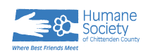 Humane Society of Chittenden County logo featuring a white hand reaching out to a paw print on a blue background with text.