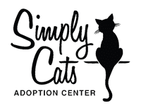 Logo for Simply Cats Adoption Center with text and a silhouette of a sitting cat