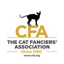 Logo of the Cat Fanciers' Association featuring a black cat silhouette above the organization's name and website.