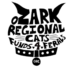 Logo of the Ozark Regional Cats Fund 4 Ferals with stylized text and a graphic of a collar.