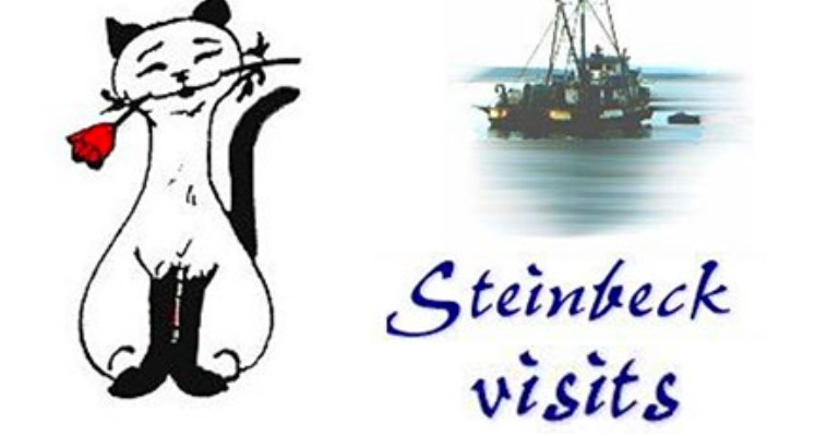 A cartoon cat holding a red rose, a boat on water, and the text 'Steinbeck visits' in blue.