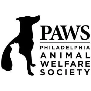 Logo of Philadelphia Animal Welfare Society featuring a black silhouette of a dog and a white silhouette of a cat.