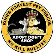 Logo for King's Harvest Pet Rescue featuring a cartoon cat and dog with a crown, and the text 'Adopt Don't Shop' and 'No Kill Shelter'.