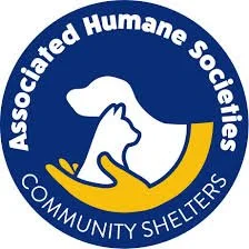 Logo of Associated Humane Societies community shelters featuring a white dog and a yellow hand within a blue circle.