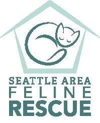 Logo of Seattle Area Feline Rescue featuring a stylized cat curled inside a house outline