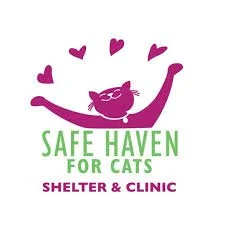 Logo for Safe Haven for Cats shelter and clinic, featuring a cat with hearts above and the text 'SAFE HAVEN FOR CATS SHELTER & CLINIC'.
