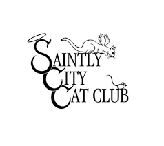 Logo for Saintry City Cat Club featuring stylized text and a flying dove