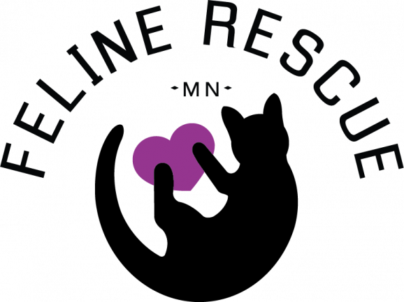 A purple elephant with a heart-shaped trunk, sitting inside a black circle with the text 'Feline Rescue' around the top and 'MN' in the middle.