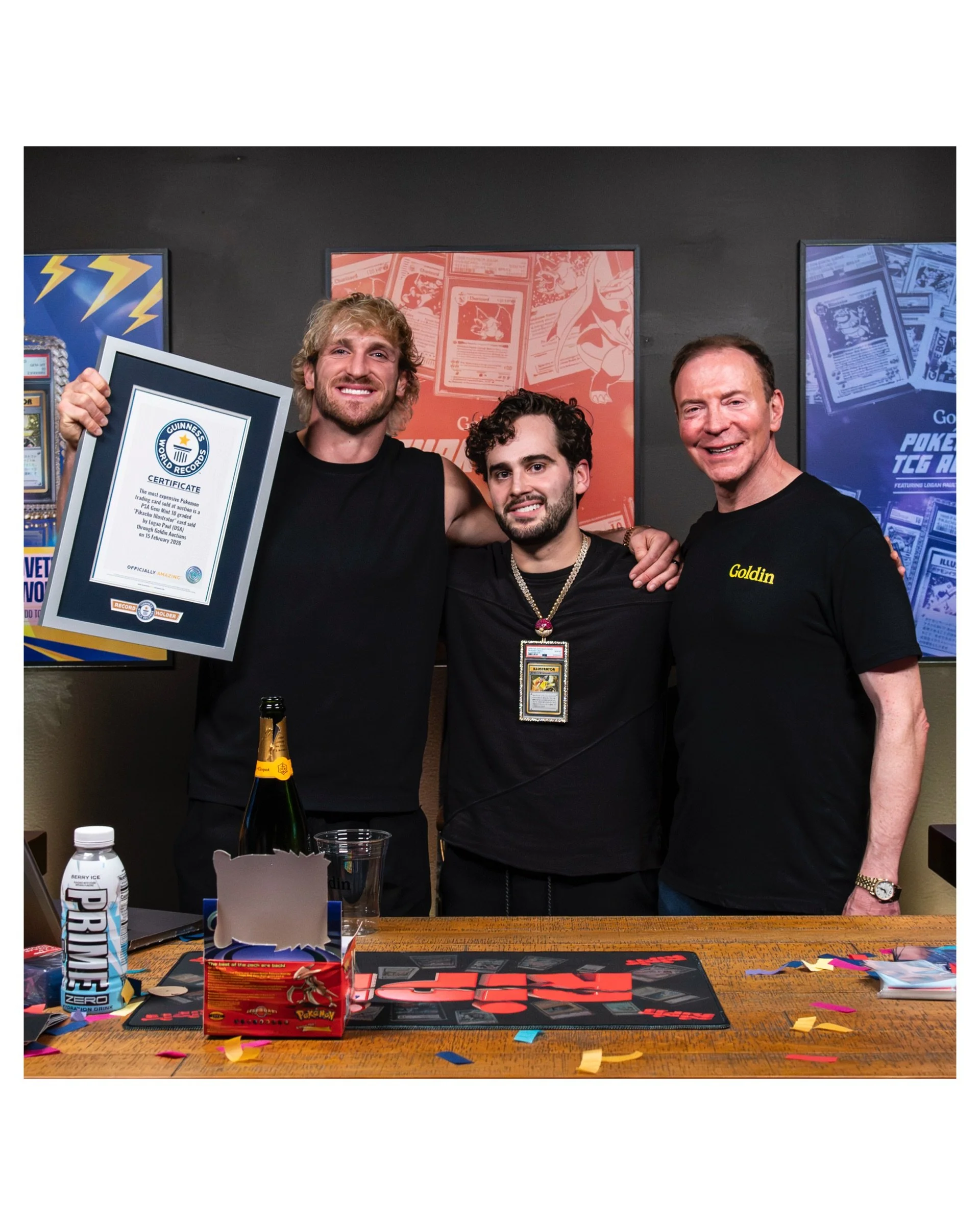 Logan Paul and Ken Goldin's live box break of an original Pokemon 1st Edition Base Set and the record-breaking sale of Logan’s PSA 10 Pikachu Illustrator card, February 15, 2026.