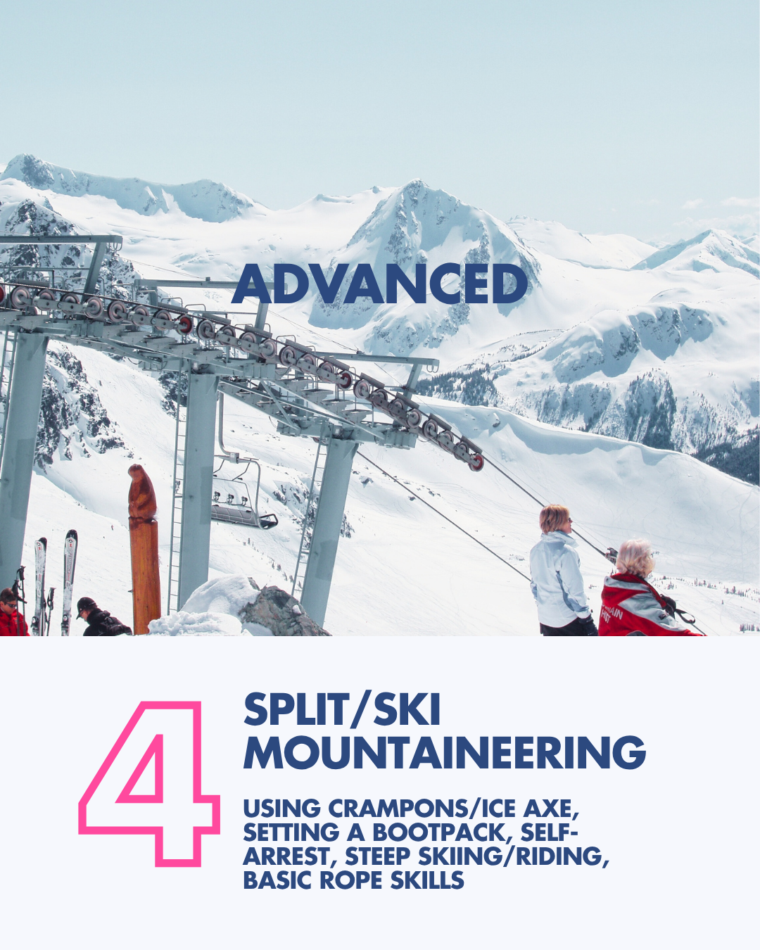 Snowy mountain landscape with ski lift, two people in ski gear, and the word 'ADVANCED' overlaid.