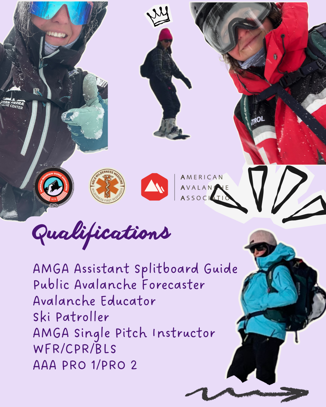 A promotional poster for the American Avalanche Association featuring images of three people in winter snow gear, holding various snowboarding and skiing equipment, and lists qualifications related to avalanche safety and rescue. The poster includes logos of the association and the wilderness medicine organization, with decorative snow and mountain graphics.