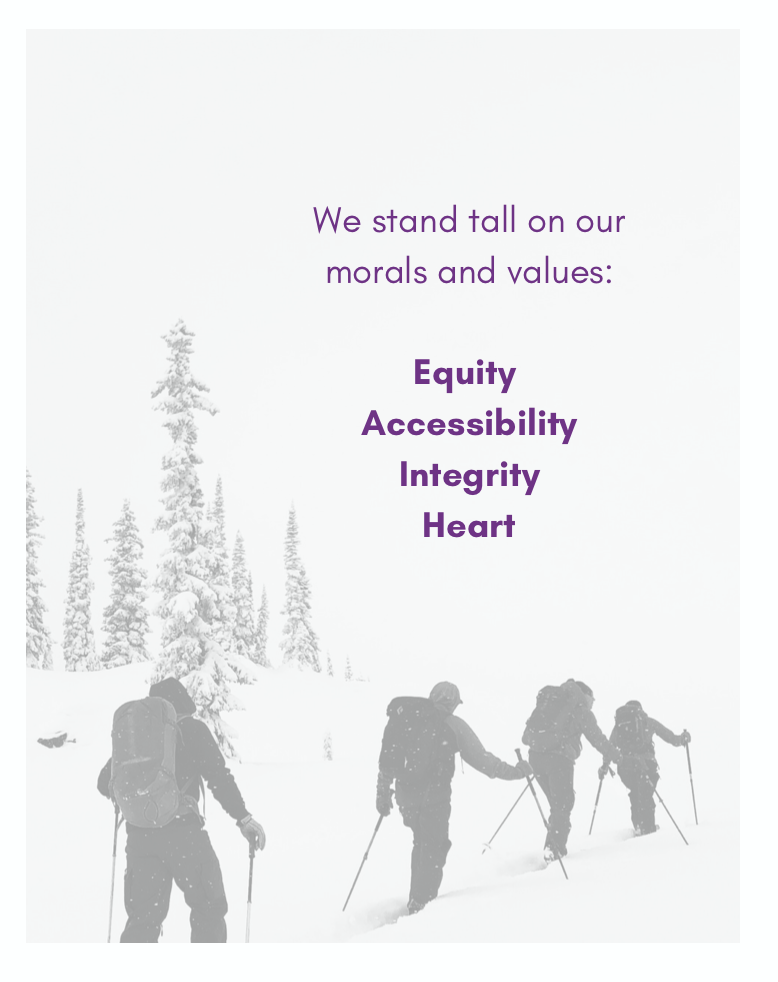 A snowy landscape with four hikers using trekking poles, with trees in the background, and text emphasizing standing tall on morals and values including equity, accessibility, integrity, and heart.