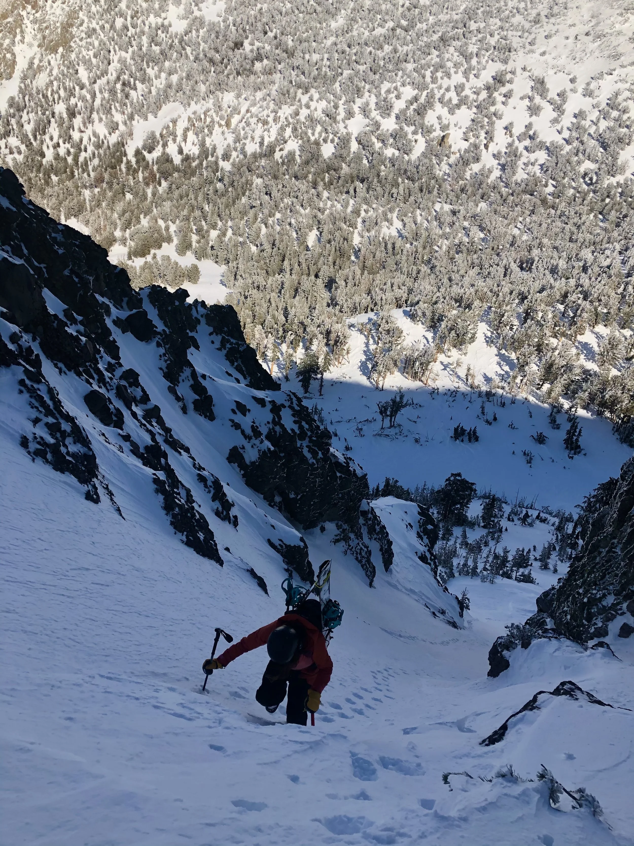 A person climbs a snowy, steep mountain slope with rock formations on the side, surrounded by snow-covered trees in the background.