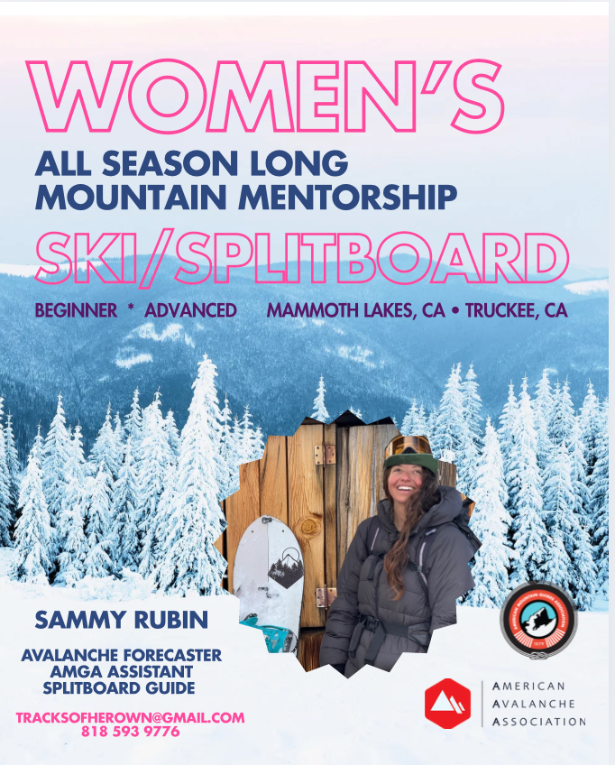 Flyer for women's all-season mountain mentorship ski and splitboard course in Mammoth Lakes and Truckee, California, featuring a smiling woman in winter gear, snow-covered trees, and mountain landscape.