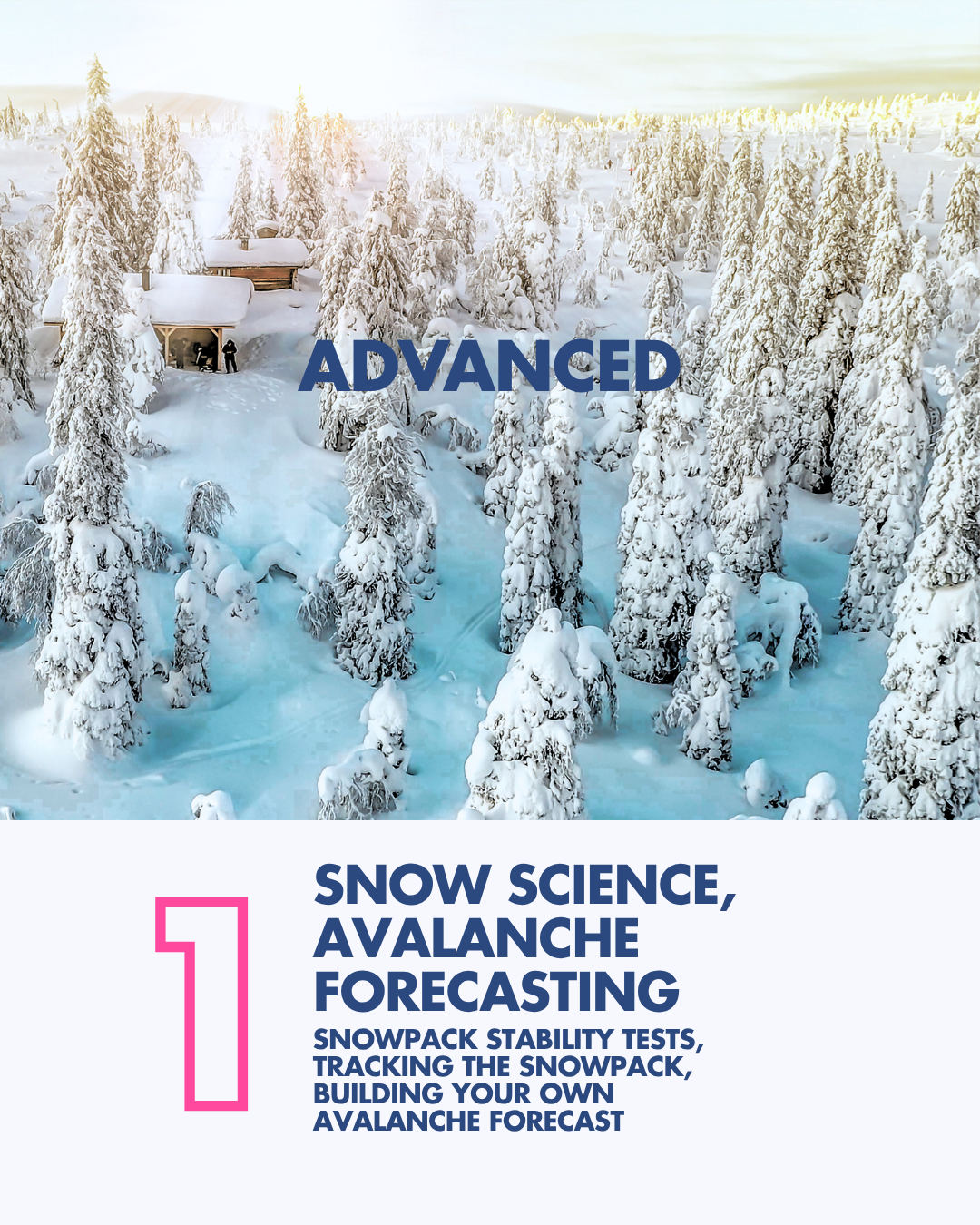 Snow-covered trees and cabins in a winter landscape with the word 'ADVANCED' in bold blue letters.