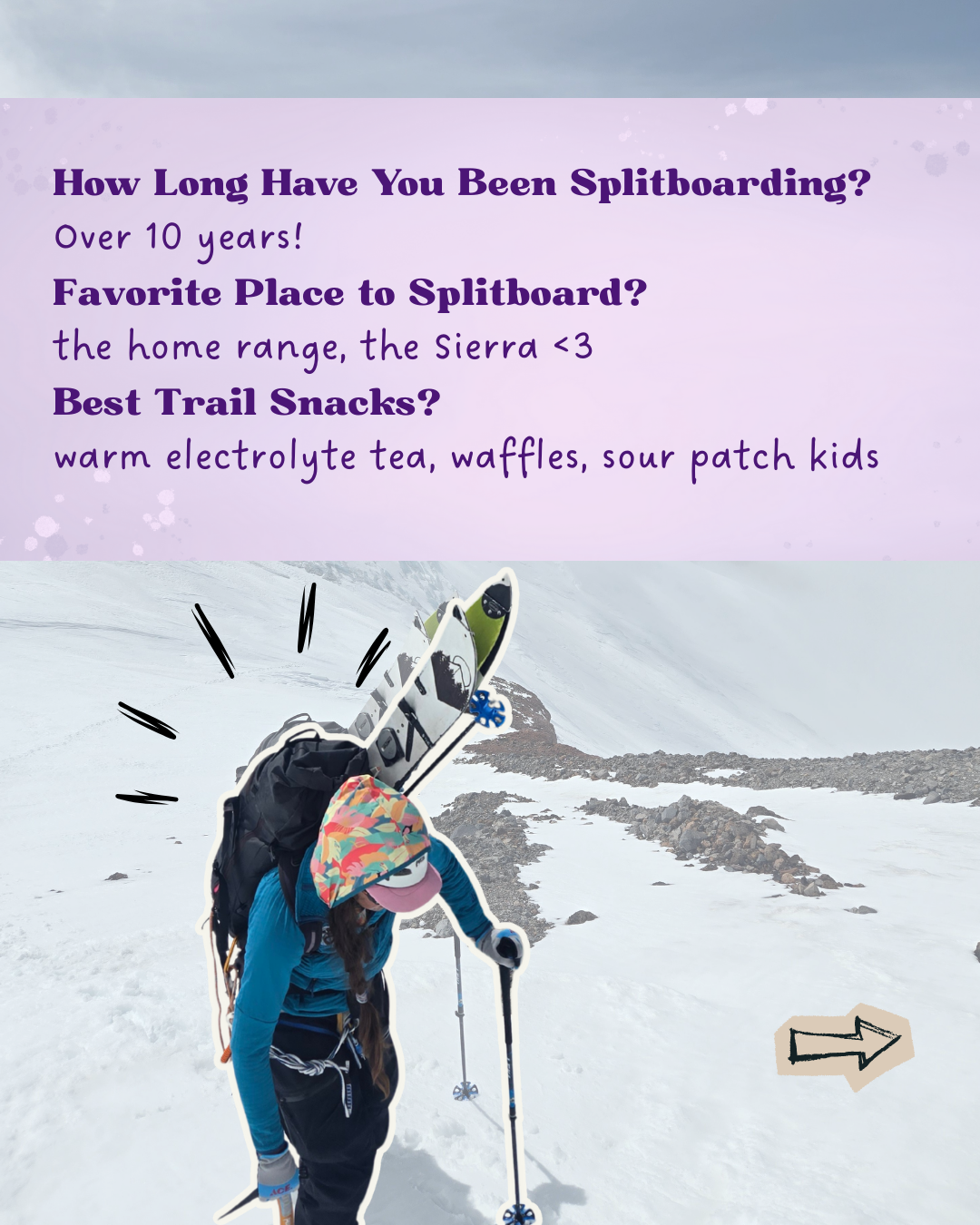A woman in winter clothing crosses a snowy mountain trail with hiking poles, carrying a large backpack with skis attached. There is a purple text box with questions and answers about splitboarding at the top of the image.
