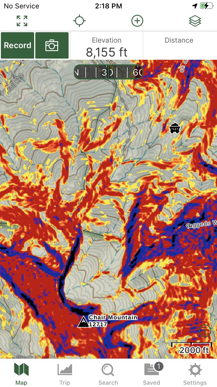 A topographic map showing elevation and weather data with colors indicating weather activity. The map highlights a mountain named Chair Mountain at 12,717 feet, with surrounding terrain, streams, and weather patterns, including areas of precipitation and storms. The elevation is around 8,155 feet and the scale shows 2000 feet.