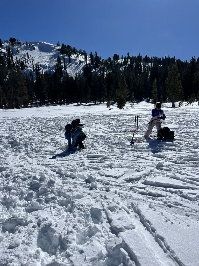 People in winter gear preparing on a snowy mountain landscape with trees and ski tracks in the background.