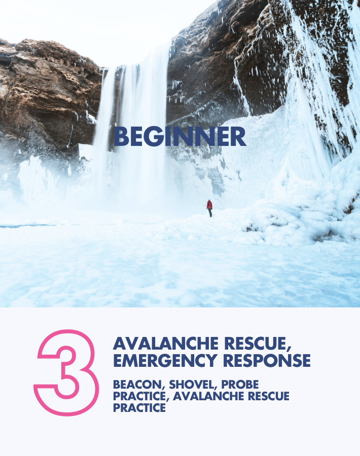 A person in red standing near a large frozen waterfall with snow and ice surrounding it, with the word 'BEGINNER' overlayed in large blue text.