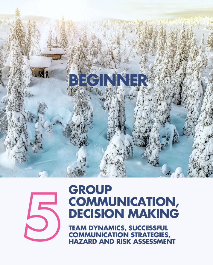A snowy landscape with snow-covered trees and a small cabin, overlaid with the word "BEGINNER" and text about group communication and decision making.