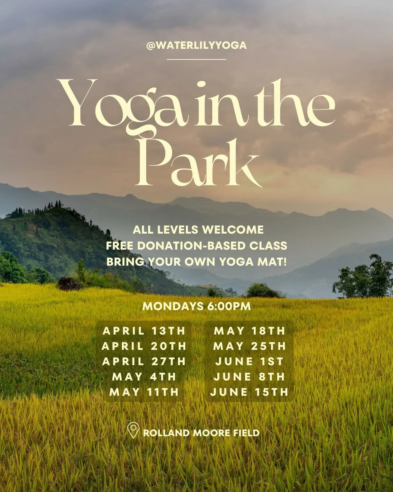 Warmer weather is here! Which means it&rsquo;s time for yoga in the park! Free donation-based classes taking place at Rolland Moore park, starting April 13th. 

All of my weekly classes will be temporarily paused &amp; swapped out for this community 