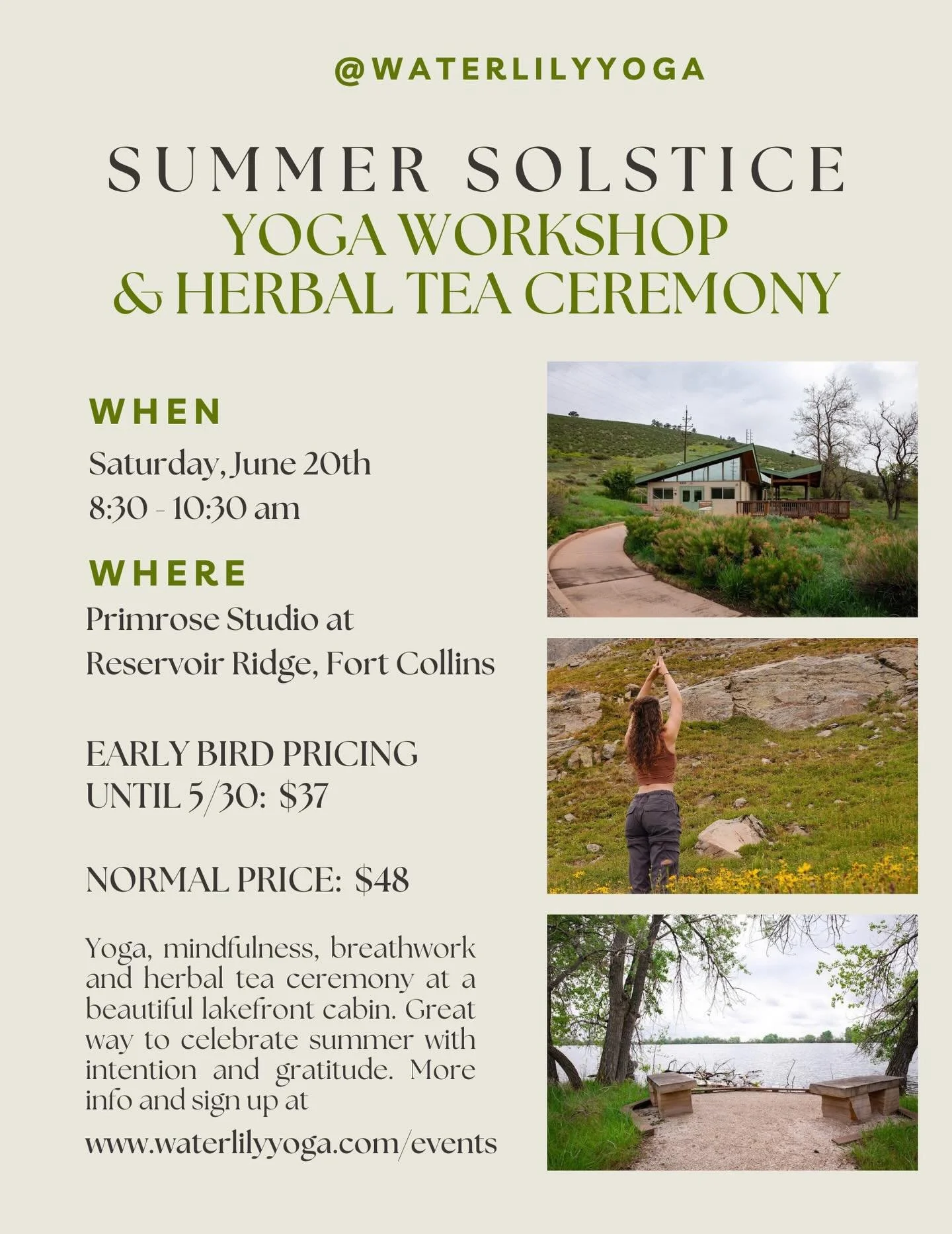 Join me at the Lakefront Primrose Studio in Reservoir Ridge natural area here in Fort Collins for the Summer Solstice! Celebrate the warmth of the sun in the most nourishing way imaginable - a morning woven with intention, movement and community. 

T