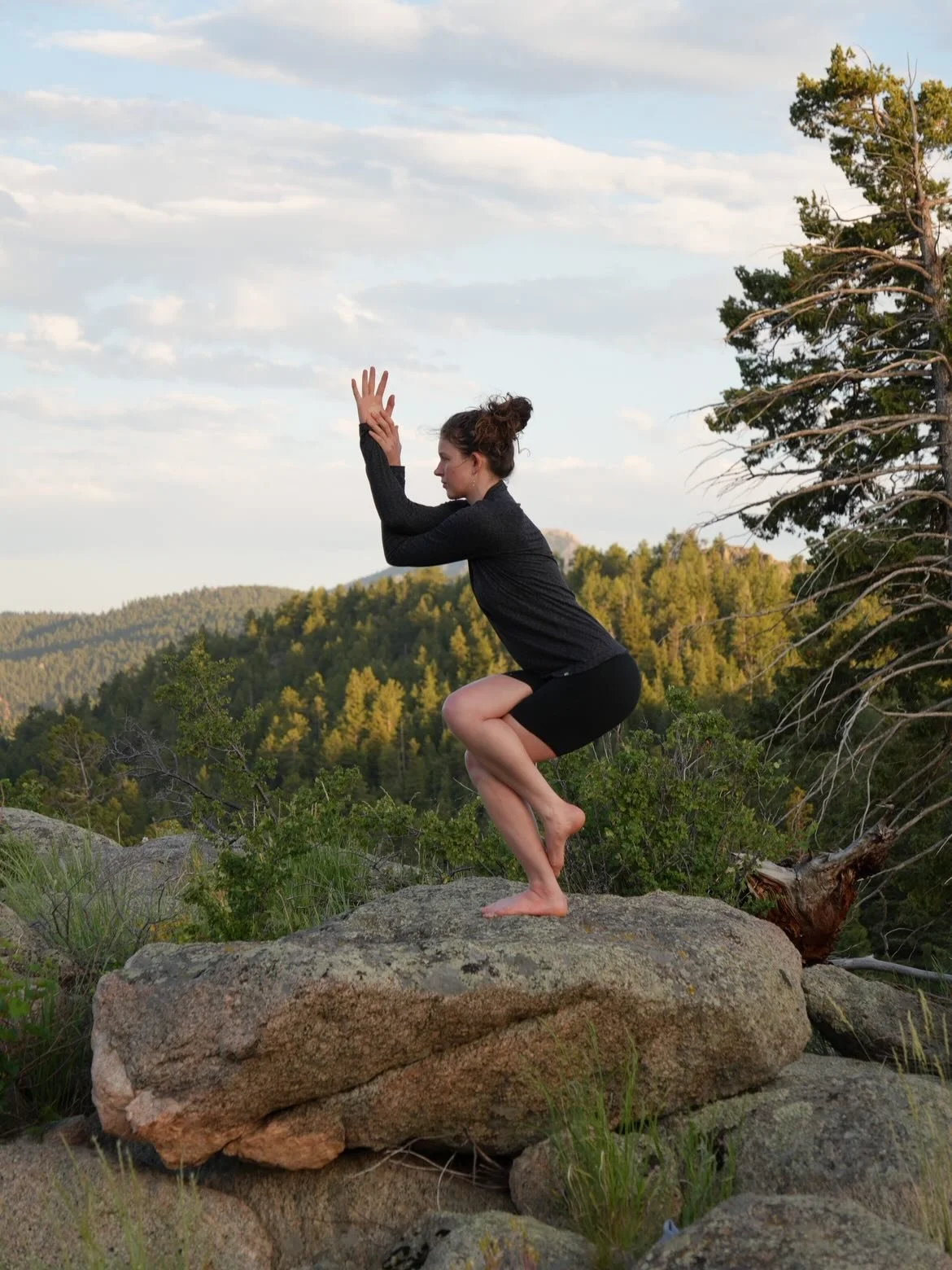 Eagle Pose (Garudasana):
Wrap one leg over the other, option to hook the foot. Cross your arms, elbows stacked, palms together (if that feels good to your body). Sit low and keep your gaze steady.

Some lovely components of this posture includes impr