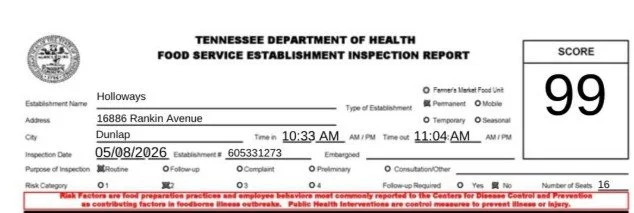 Holloways - 2026 - Tennessee department of Health Food Service Establishment Inspection Report