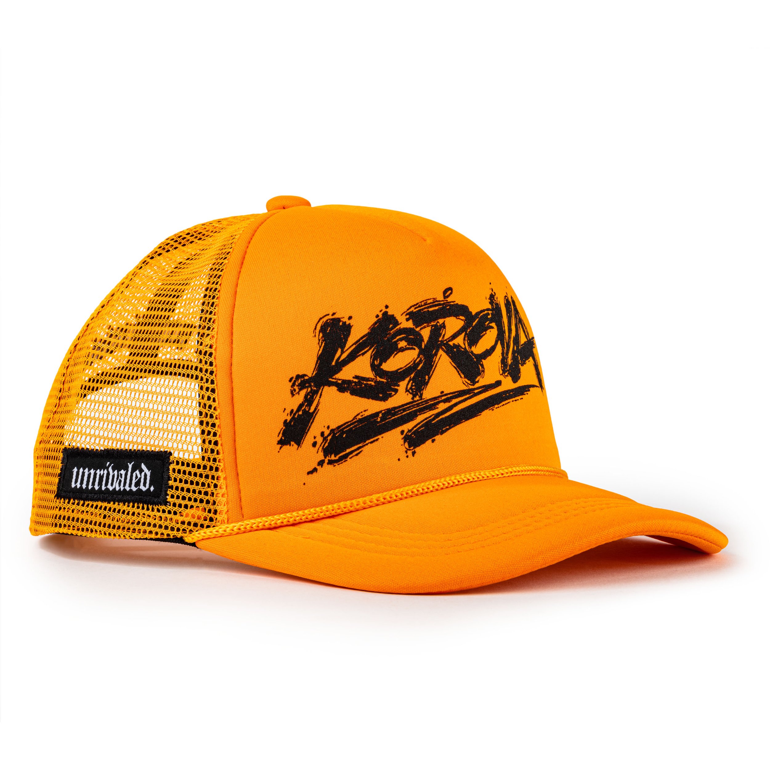 Orange trucker-style baseball cap with black graffiti-style text that says "Liberty" on the front and a small black patch with white text that says "unraveled" on the mesh back.