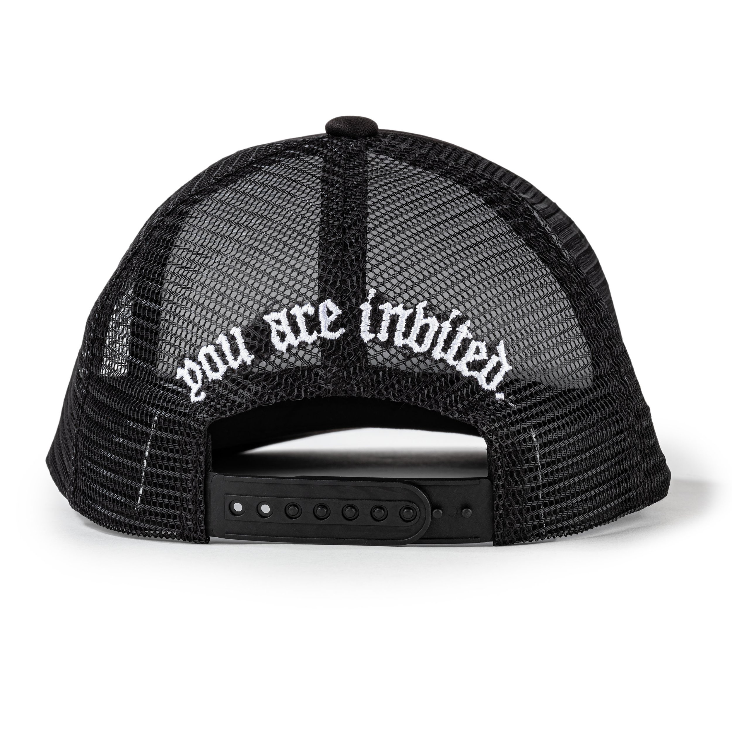 Back view of a black trucker hat with mesh back and white embroidered text reading "your face infected".