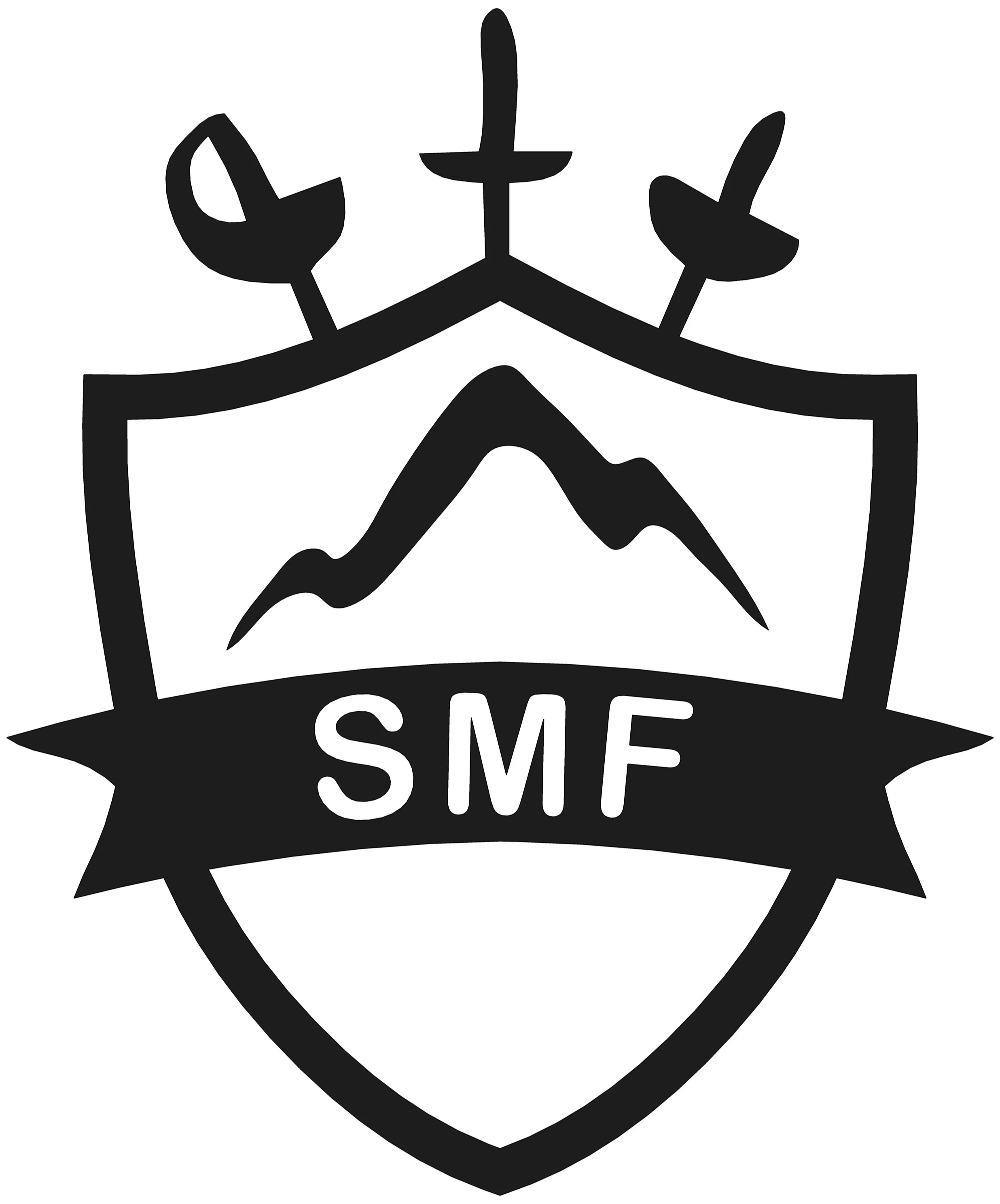 A black and white emblem with a mountain, a shield, and a banner with the letters "SMF"
