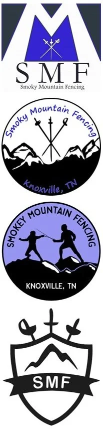 Four logos related to Smoky Mountain Fencing in Knoxville, Tennessee, featuring mountain and fencing imagery.