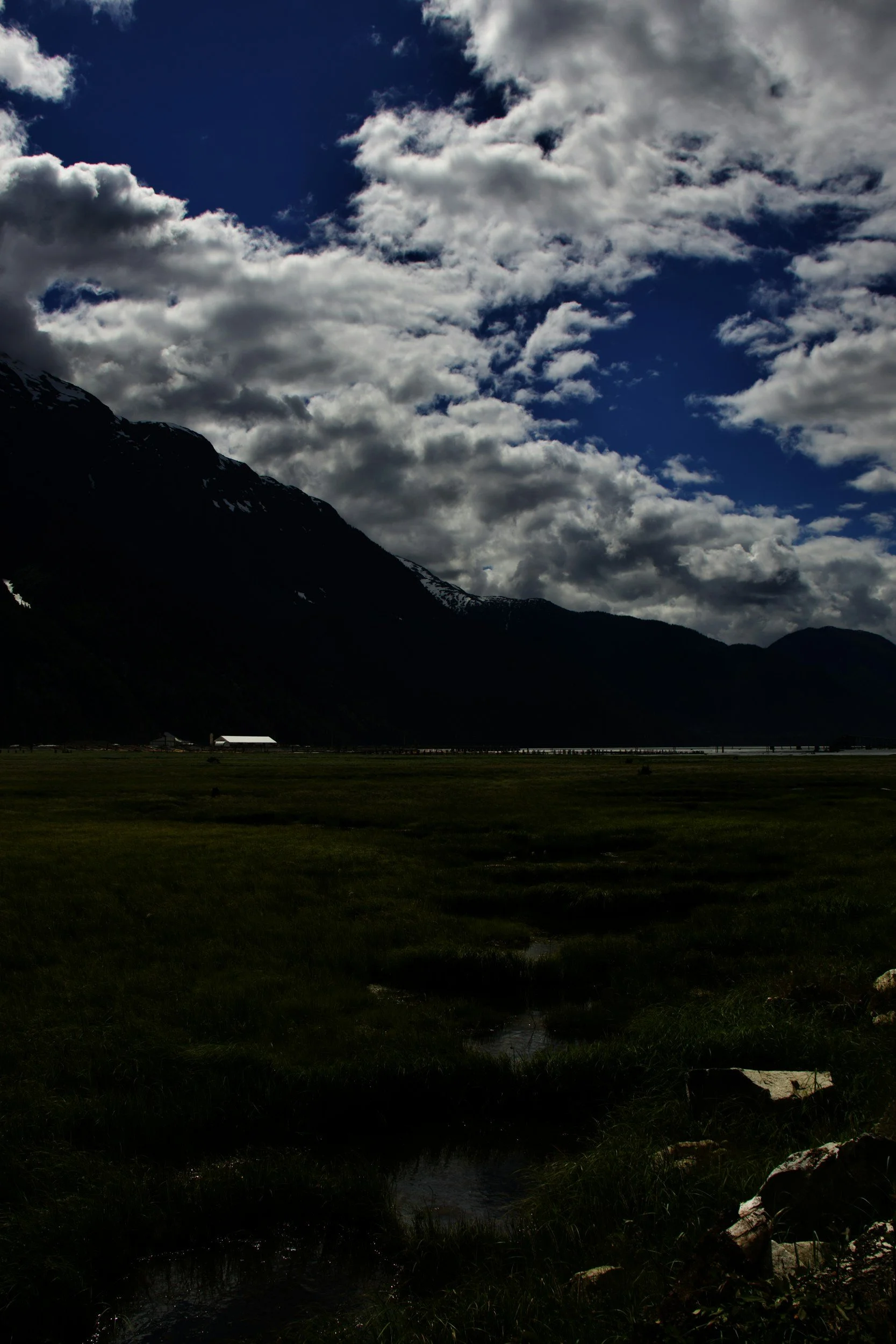 Mountain landscape with cloudy sky, snow-capped peaks, green grass, and a small stream in the foreground.
