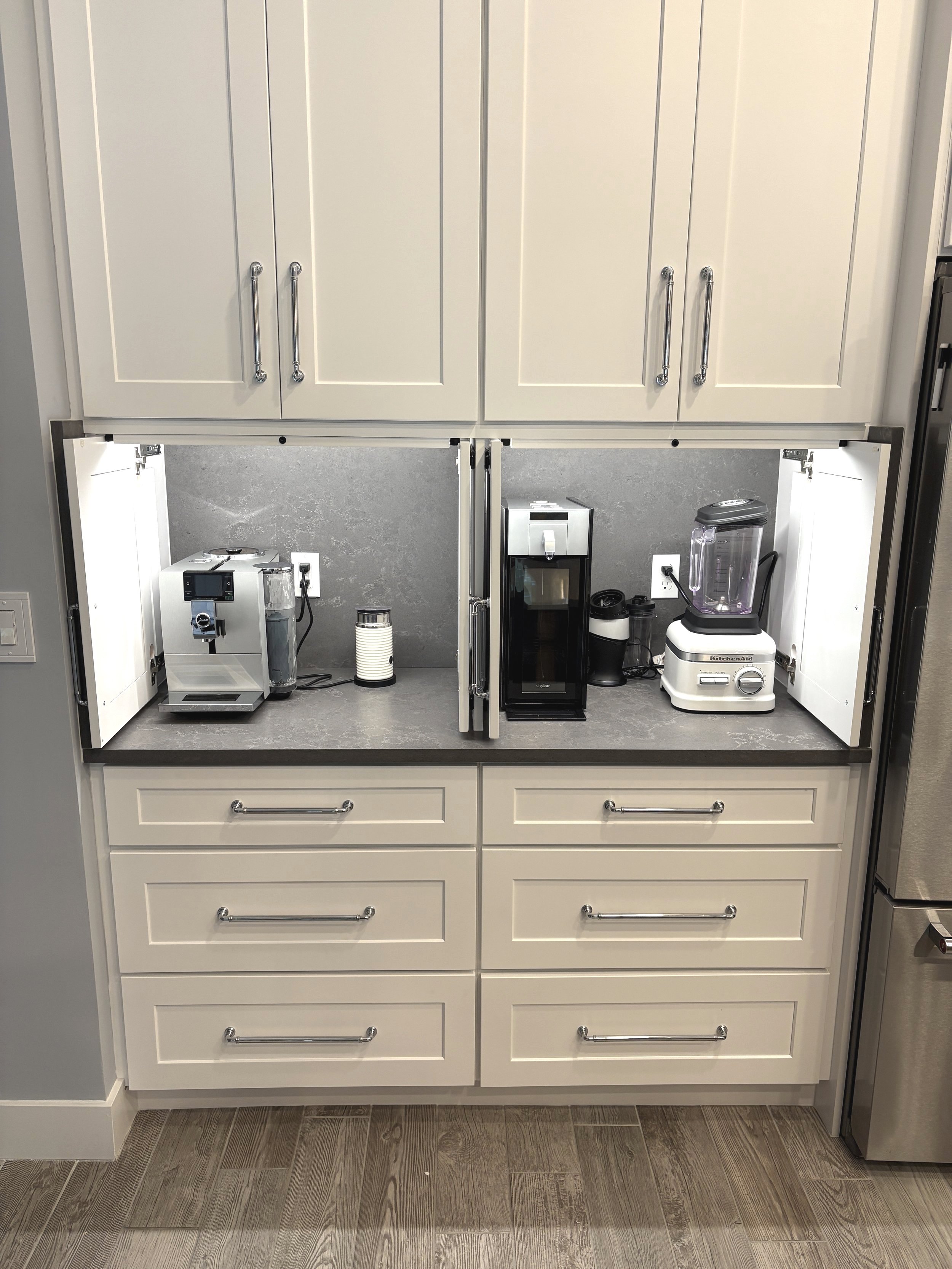 White Perimeter Cabinets With Natural Wood Island Cabinets Kitchen Remodel by EZ Cabinets & Granite project photo 13