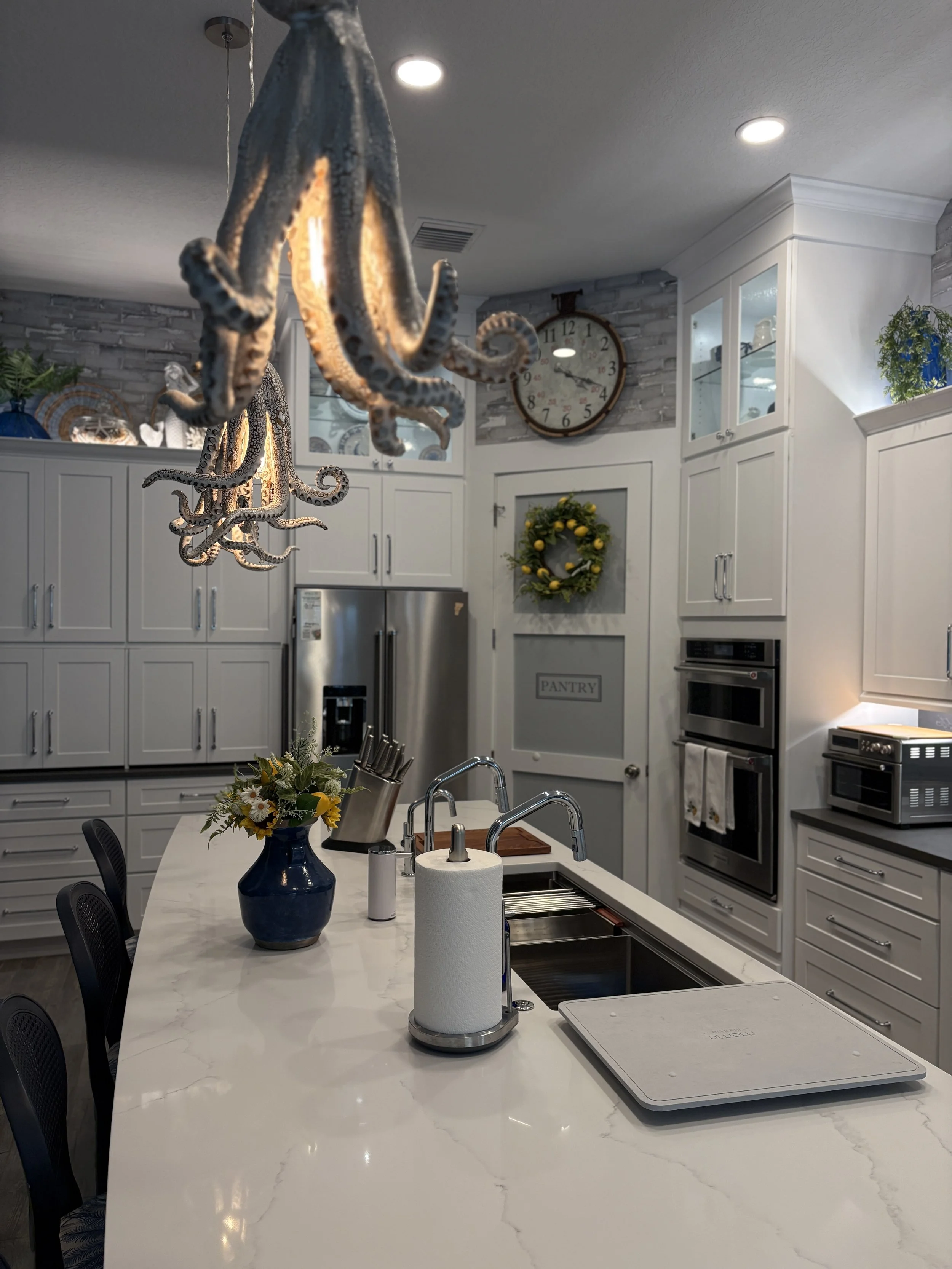 White Perimeter Cabinets With Natural Wood Island Cabinets Kitchen Remodel by EZ Cabinets & Granite project photo 10