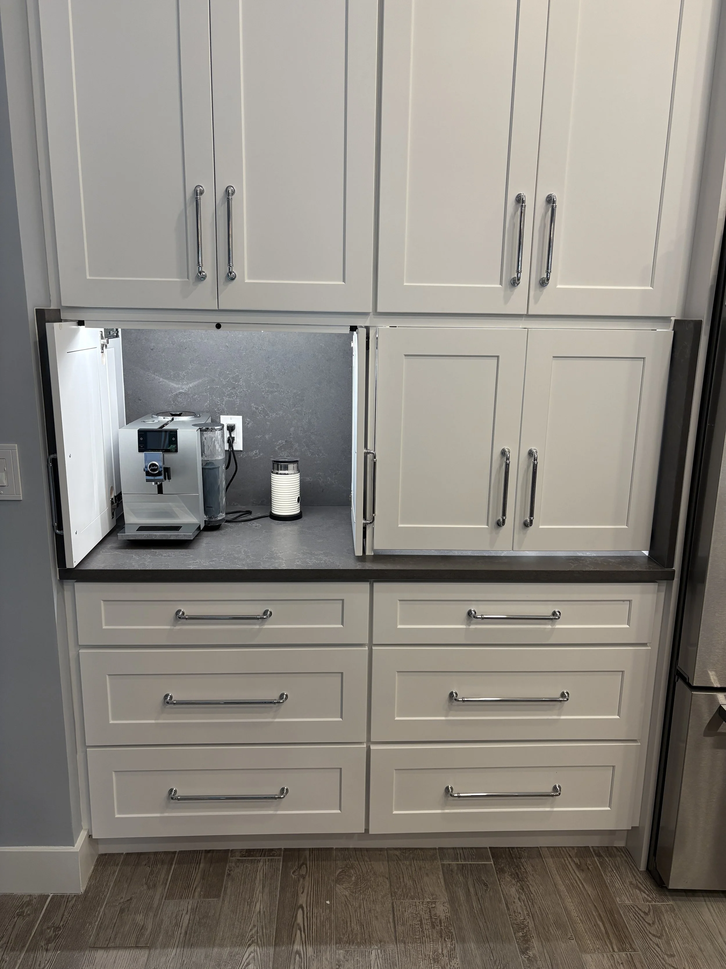 White Perimeter Cabinets With Natural Wood Island Cabinets Kitchen Remodel by EZ Cabinets & Granite project photo 14