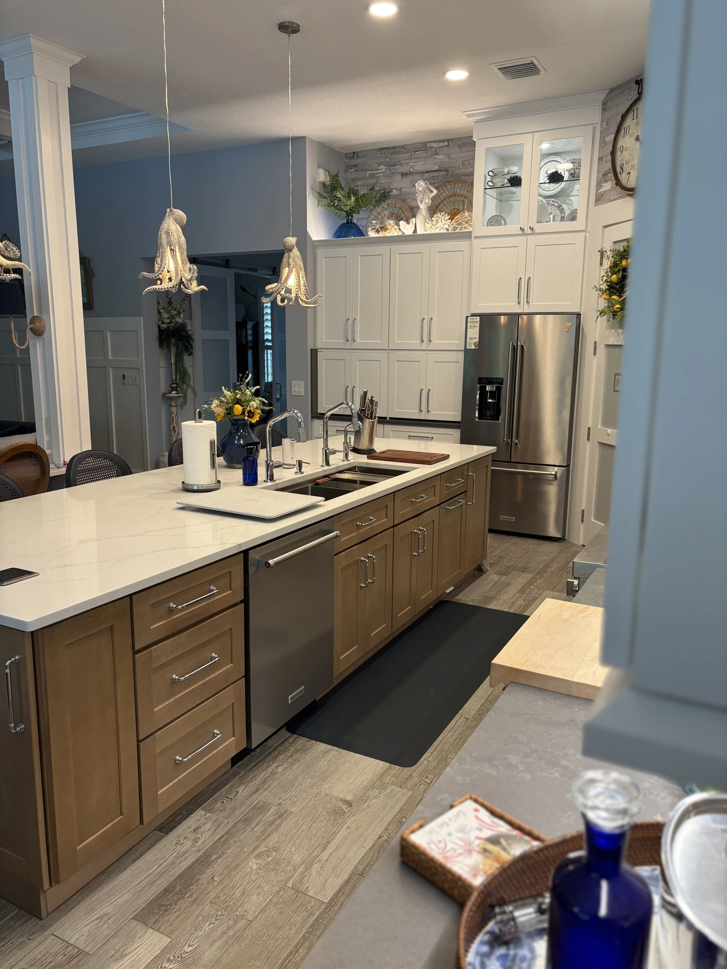 White Perimeter Cabinets With Natural Wood Island Cabinets Kitchen Remodel by EZ Cabinets & Granite project photo 4