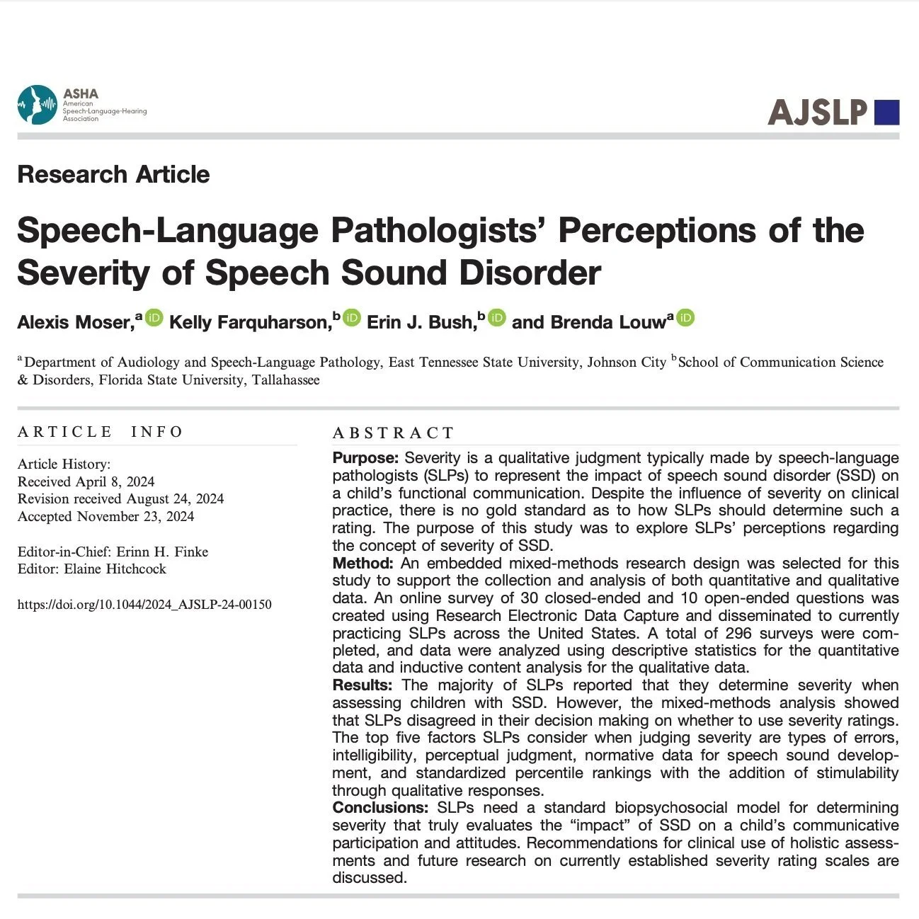 Speech-Language Pathologists's Perceptions of the Severity of Speech Sound Disorders (Moser et al., 2025)