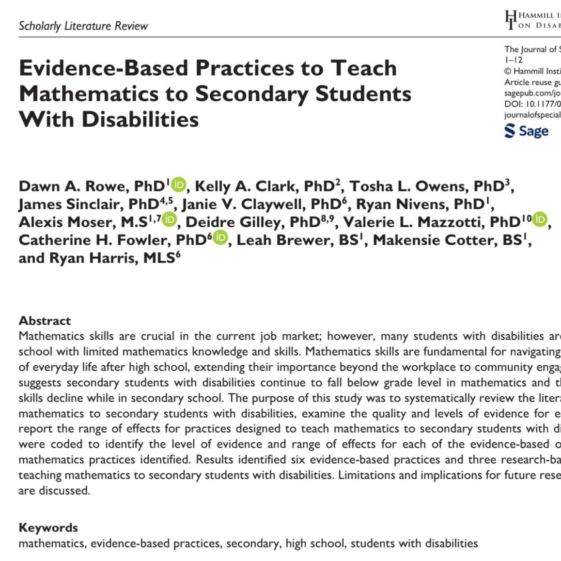 Evidence-Based Practices to Teach Mathematics to Secondary Students with Disabilities (Rowe et al., 2025)