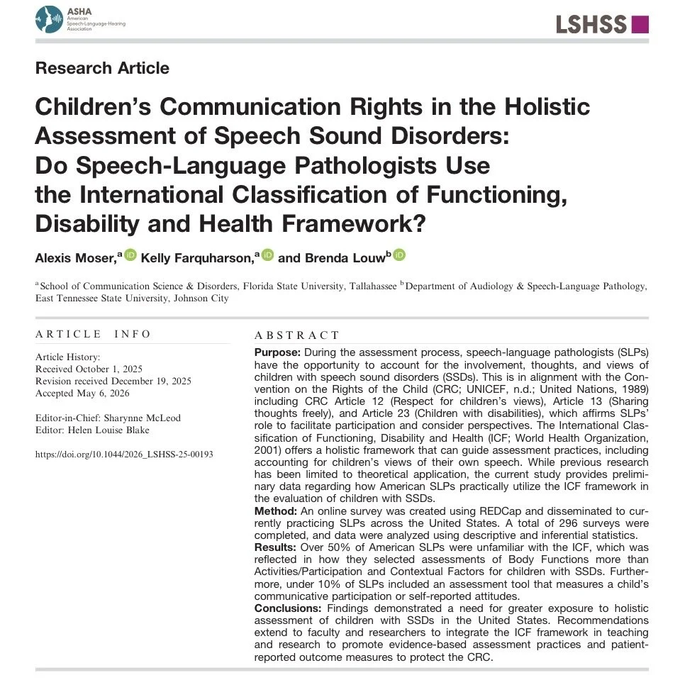 Children's Communication Rights in the Holistic Assessment of Speech Sound Disorders: Do SLPs Use the ICF Framework? (Moser et al., 2026)
