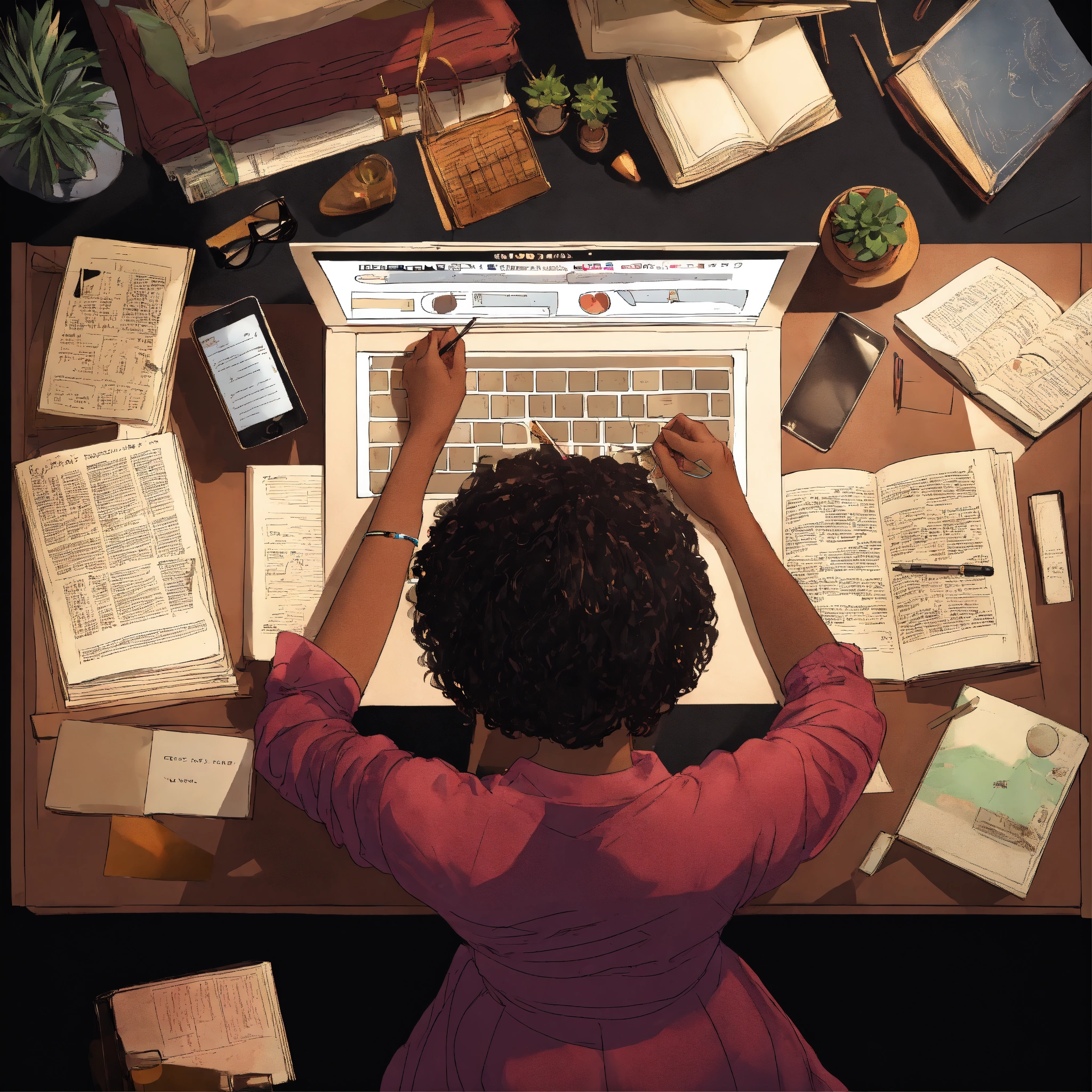 Overhead view of a person working at a desk with a laptop, surrounded by open books, notebooks, a smartphone, and small potted plants, in a well-lit environment.