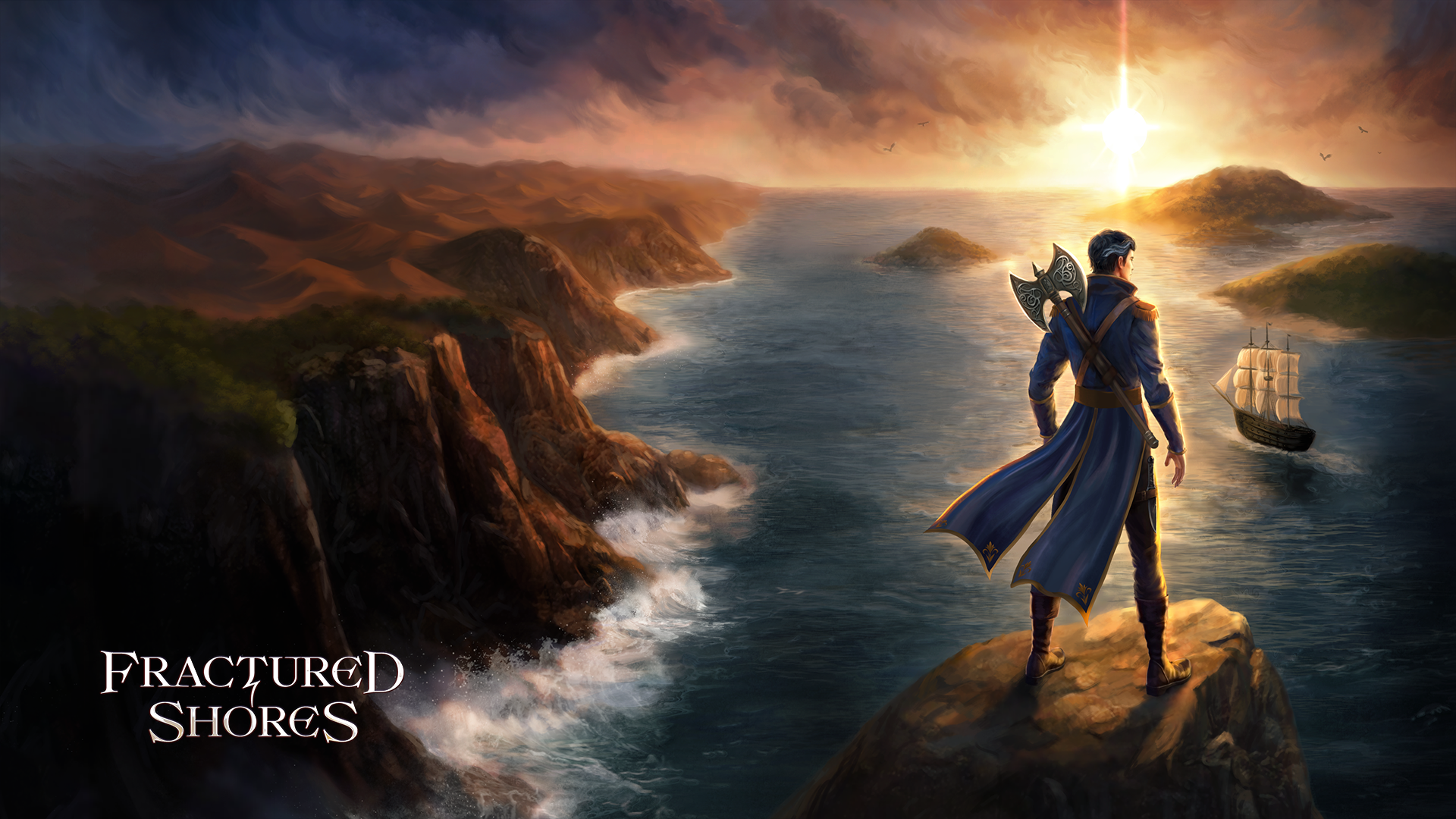 A digital painting of a man with dark hair, dressed in a blue coat with gold accents, standing on a cliff overlooking a sea with a sailing ship. The sky is dramatic with dark clouds, a bright setting sun, and mountains in the distance. The scene is moody and adventurous, with the title