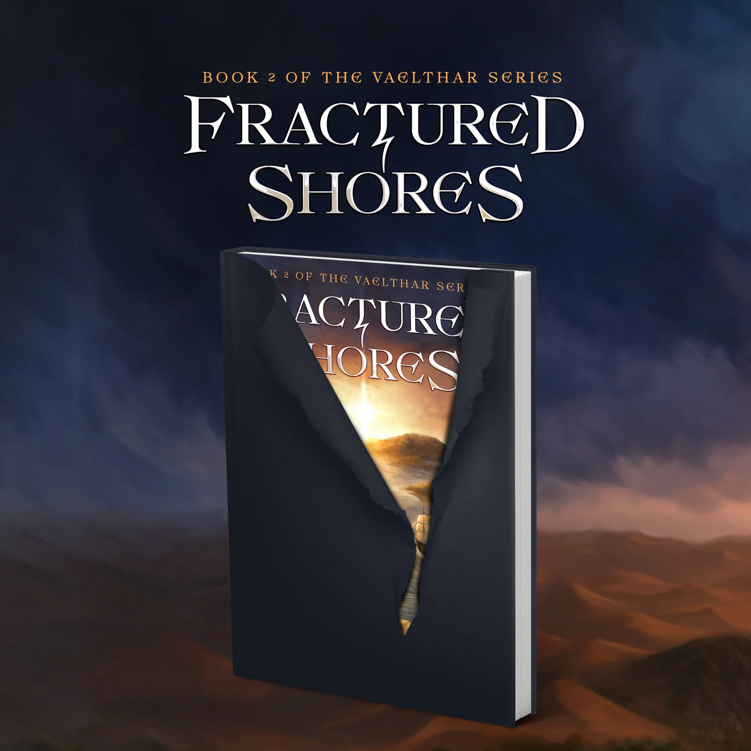 A book titled 'Fractured Shores' from the Vaelthar series is held by a hand against a dark sky with clouds at sunset.