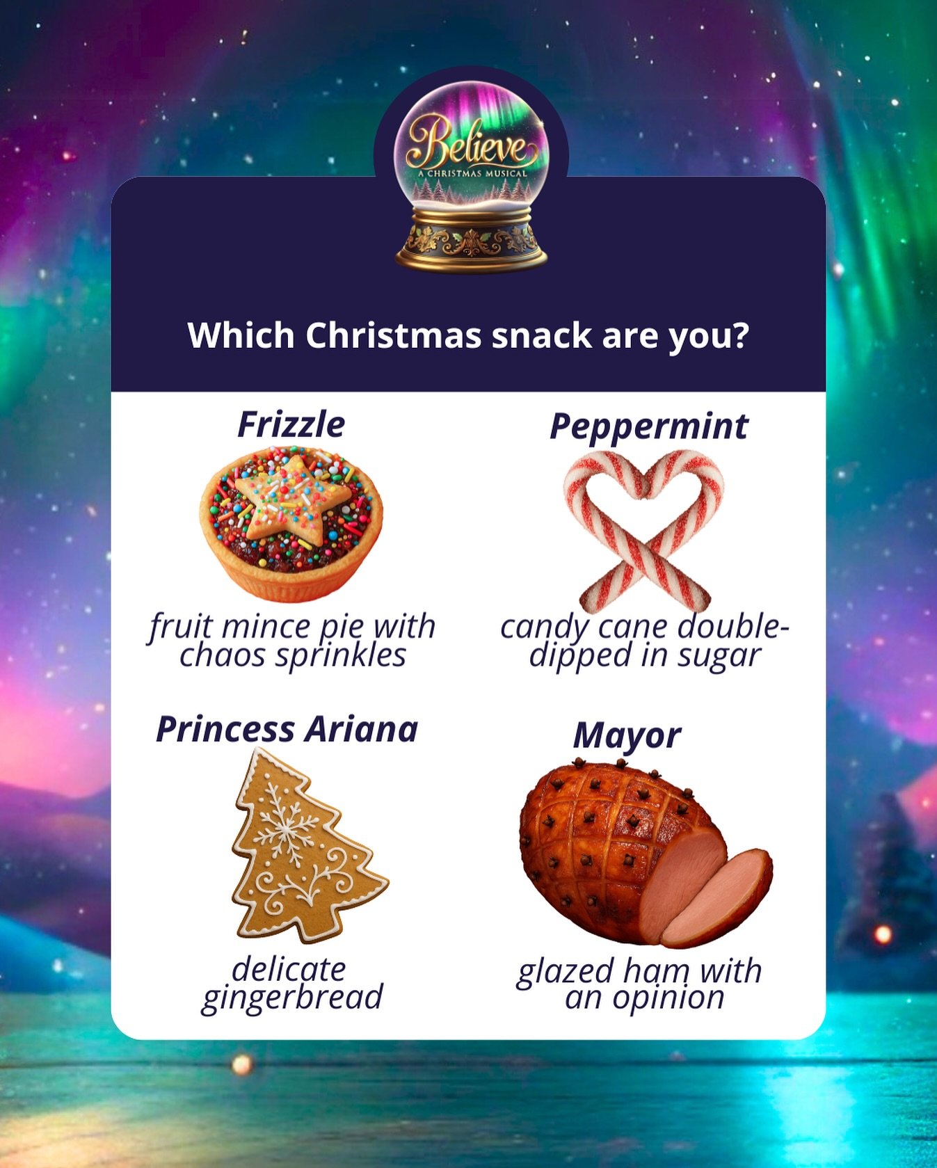 Christmas is coming&hellip; Which Believe character is your festive flavour? 🍪🍖 

From sugar-dipped chaos to regal gingerbread, there&rsquo;s a snack for every spirit of the season! 

Believe: A Christmas Musical 
18&ndash;23 December 2025 
The Con
