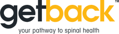 Logo with the text 'get back' in black and yellow, and the tagline 'your pathway to spinal health.'