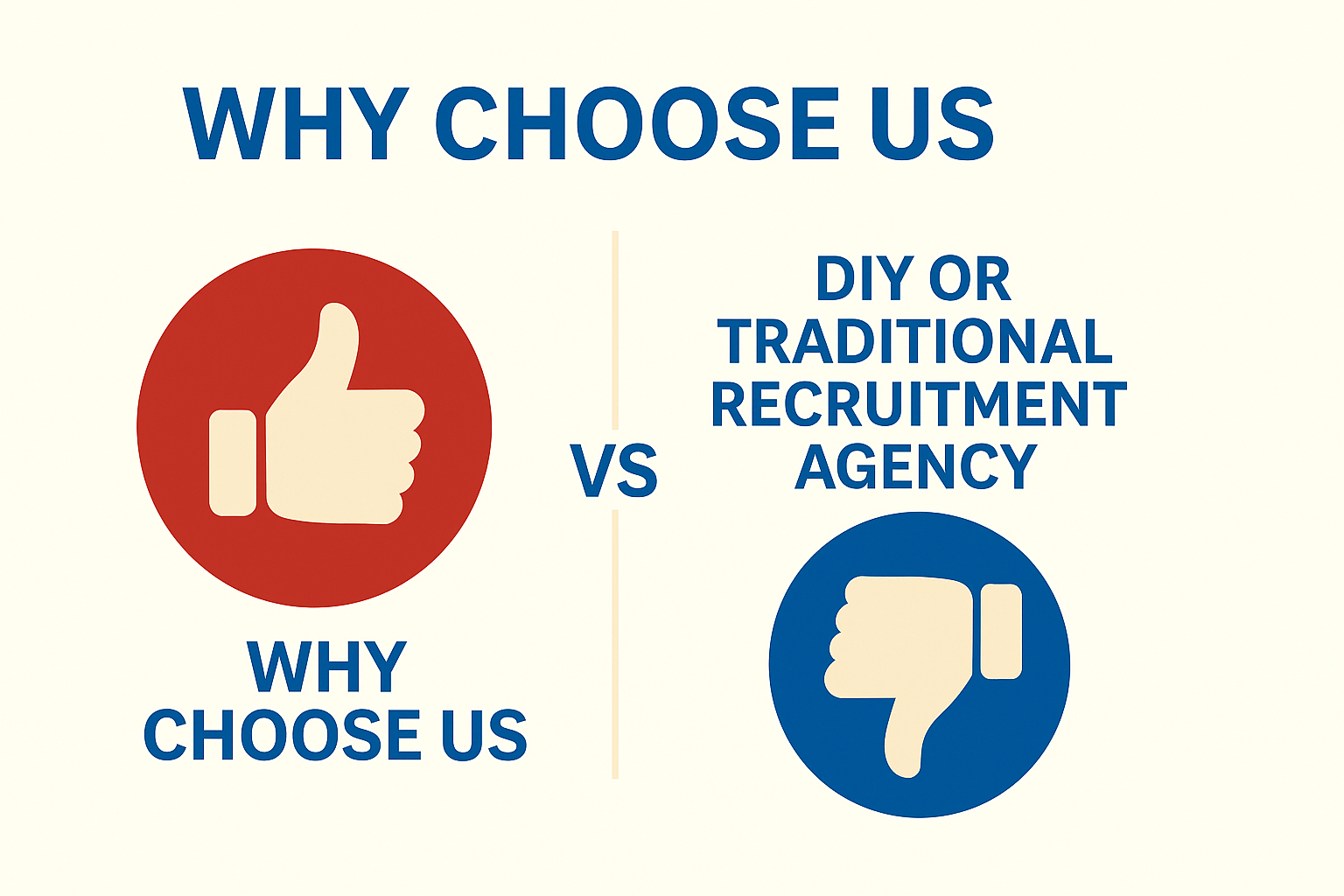 A graphic comparing reasons to choose a recruitment agency, with a red thumbs-up icon labeled "Why Choose Us" on the left and a blue thumbs-down icon labeled "DIY or Traditional Recruitment Agency" on the right.