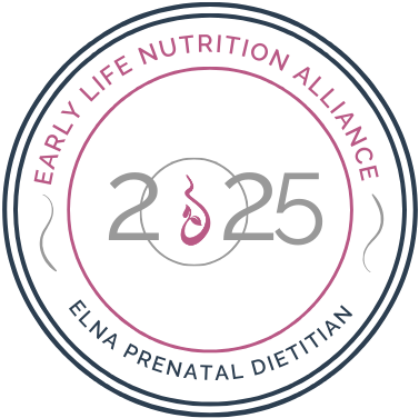 Logo for Early Life Nutrition Alliance with the year 2025 and the name Elena Prenatal Dietitian surrounding a graphic of a pregnant belly, all in a circular design.