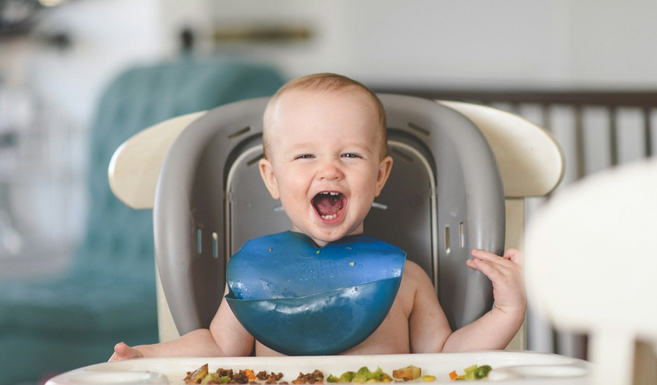 Smiling young child in a high chair, mouth open, in front of a plate of baby foods, being introduced to solids.