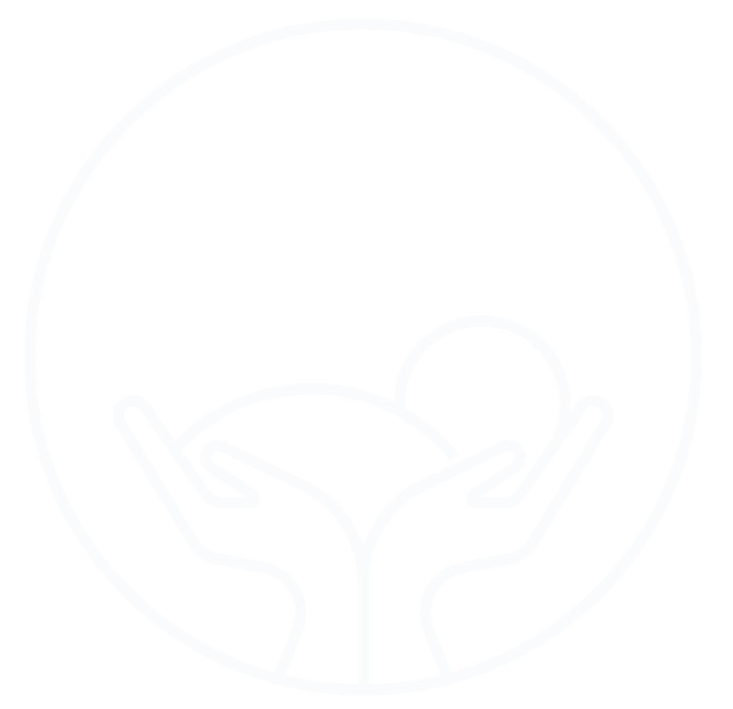 Outline of hands holding a heart with a small circle and a larger circle in the background, all within a circle.