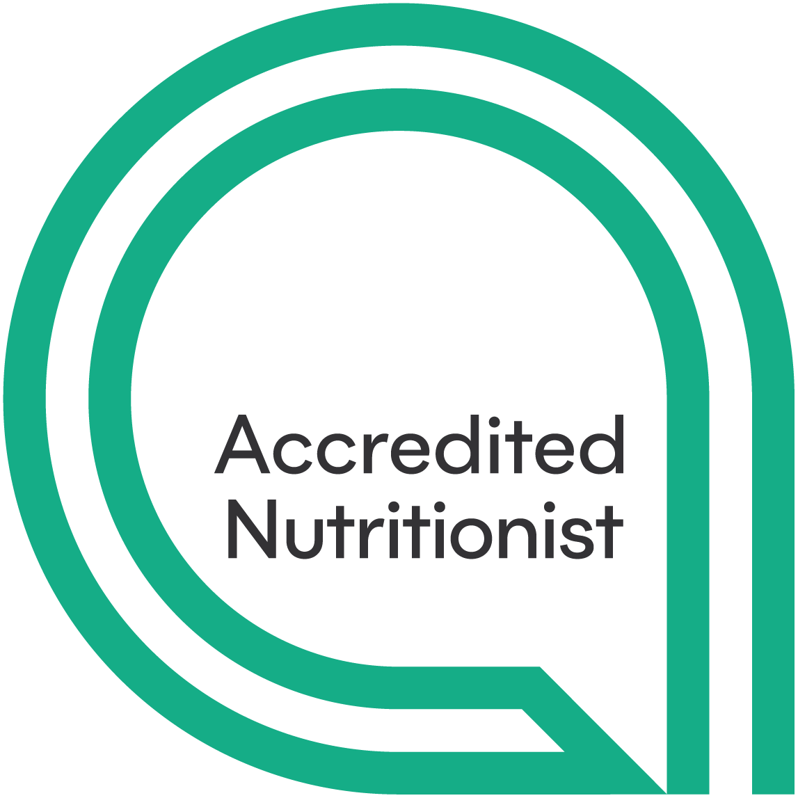 Green speech bubble graphic with the text 'Accredited Nutritionist' inside.